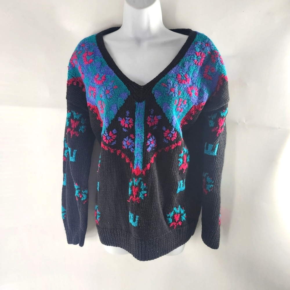 * Express vintage medium black pink heart crochet sweater